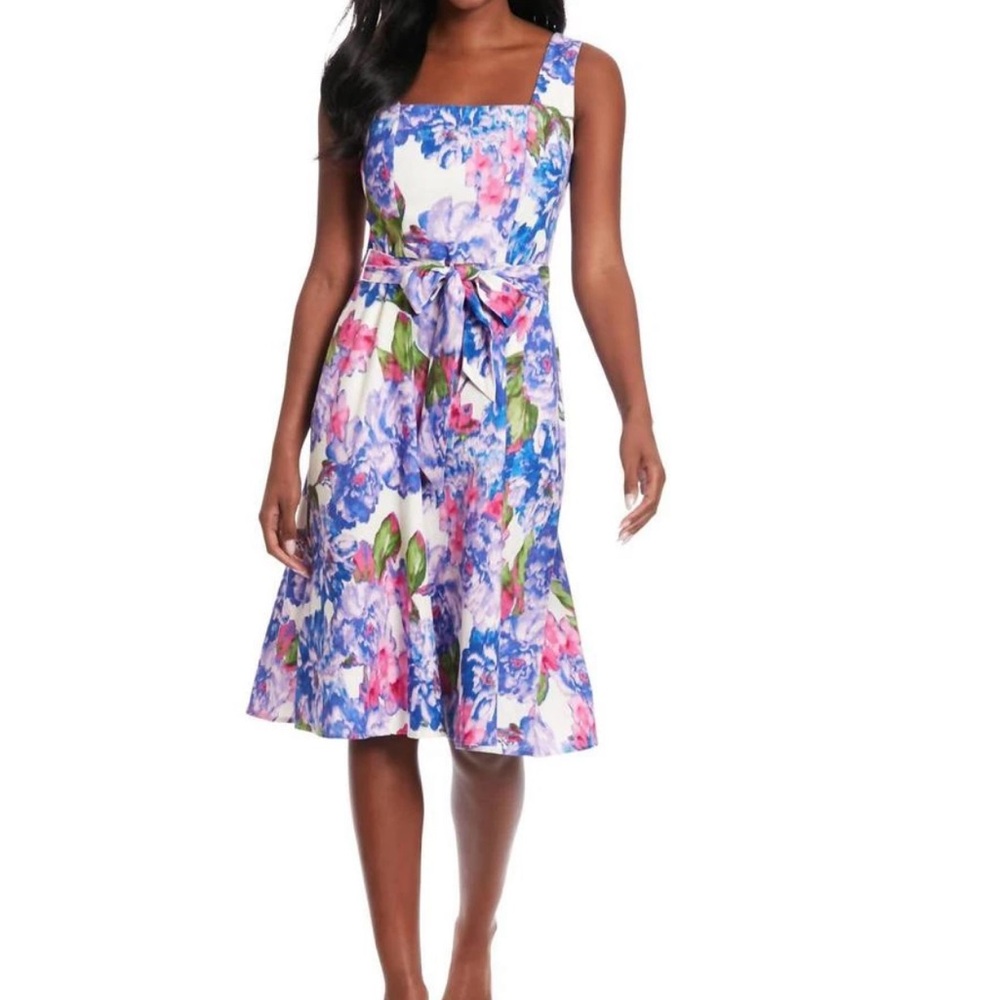 London Times White Floral Square-Neck Midi Dress with Tie Waist